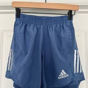 adidas Blue Athletic Shorts with White Stripes and Logo